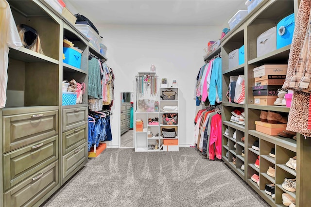 walk in closet with light colored carpet