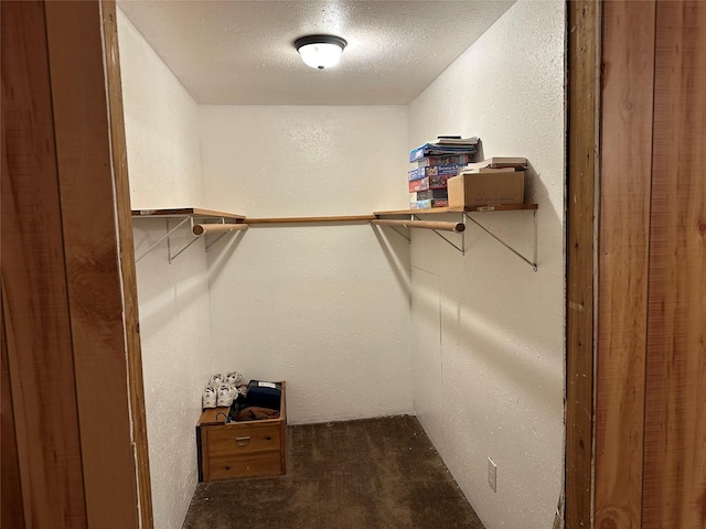 spacious closet featuring dark carpet