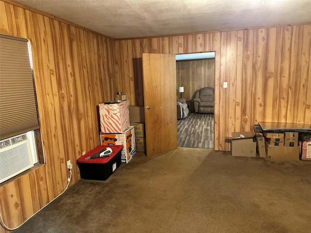 miscellaneous room with carpet, a textured ceiling, and wood walls