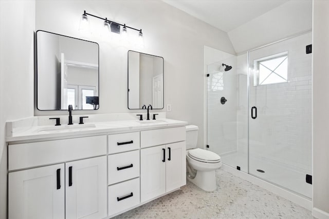 bathroom with toilet, vanity, vaulted ceiling, and a shower with door