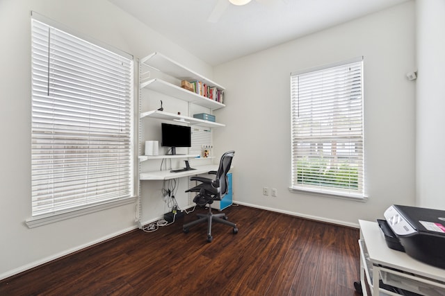 office area with ceiling fan and dark hardwood / wood-style floors