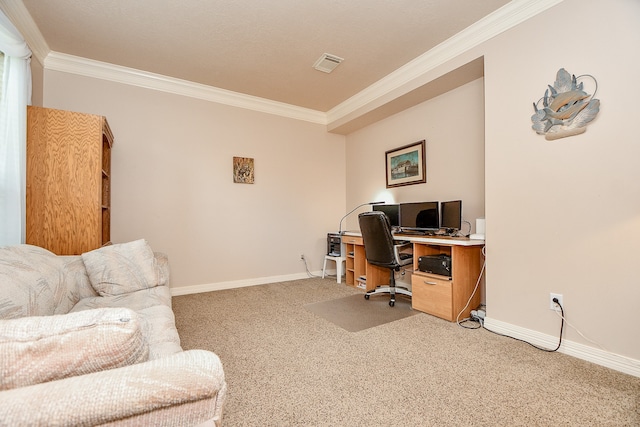 home office with ornamental molding and carpet