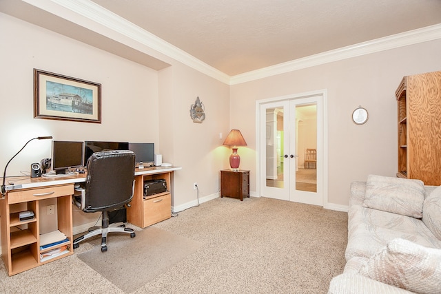 office area featuring french doors, light colored carpet, ornamental molding, and a textured ceiling