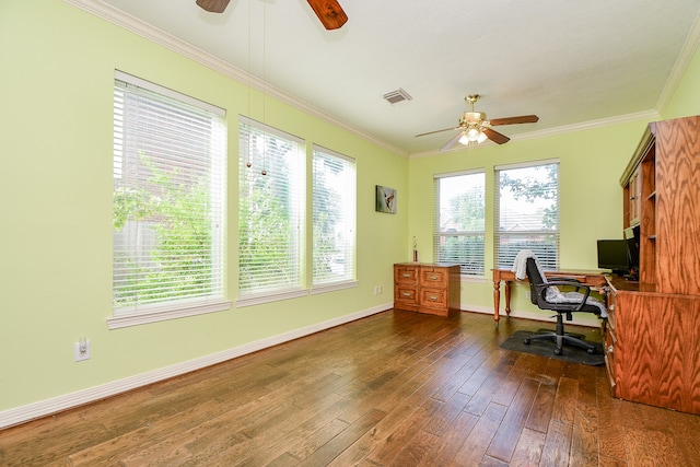 office area with dark hardwood / wood-style flooring, ceiling fan, and crown molding