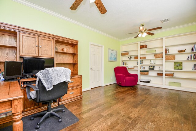 office space with ceiling fan, dark hardwood / wood-style floors, and ornamental molding