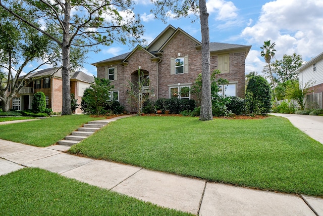 traditional-style home with brick siding and a front lawn