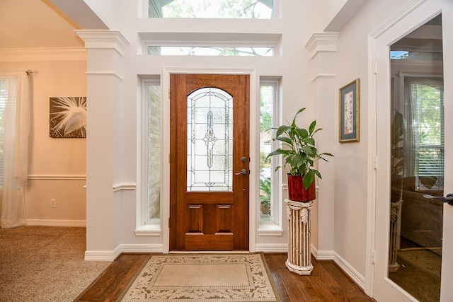 foyer featuring a wealth of natural light, dark hardwood / wood-style floors, and crown molding