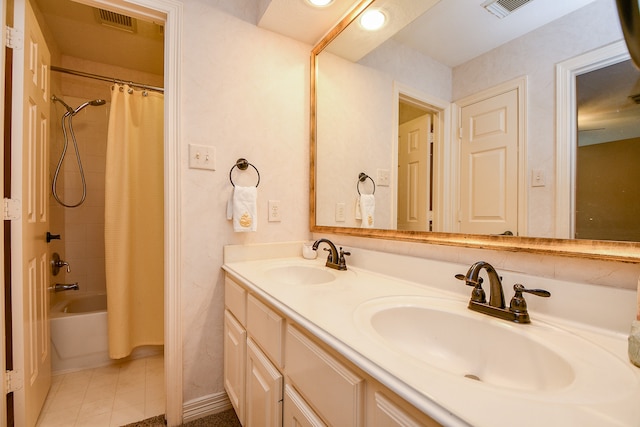 bathroom featuring shower / bath combo, vanity, and tile patterned floors