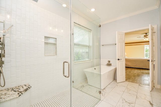 bathroom with tile walls, ceiling fan, shower with separate bathtub, and crown molding