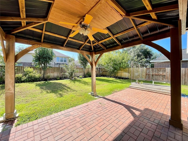 view of patio featuring a gazebo and ceiling fan