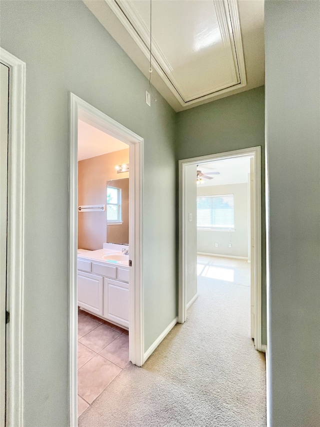 corridor with sink and light carpet