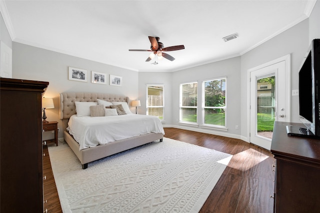 bedroom featuring access to exterior, ceiling fan, wood-type flooring, and ornamental molding