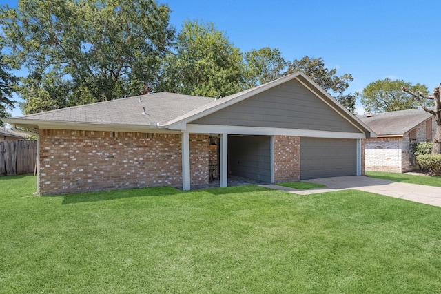 ranch-style home with brick siding, a garage, driveway, and roof with shingles