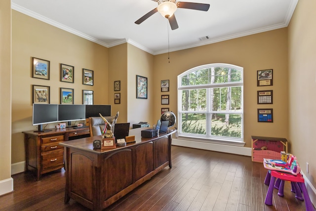 office area with crown molding, dark hardwood / wood-style floors, and ceiling fan