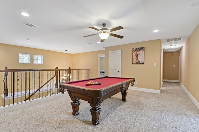 recreation room with ceiling fan, carpet, and billiards