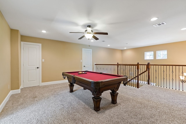 rec room with pool table, ceiling fan, and carpet floors