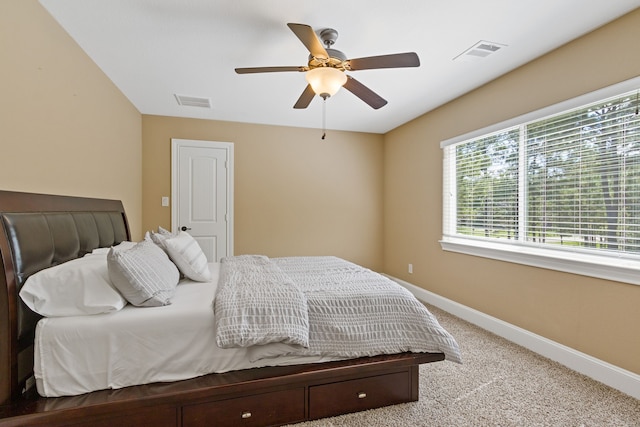 bedroom with ceiling fan and carpet flooring