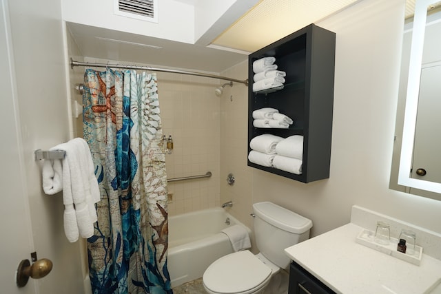 full bathroom featuring vanity, shower / bathtub combination with curtain, and toilet