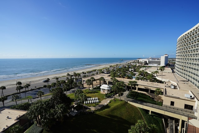 drone / aerial view featuring a view of the beach and a water view