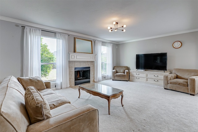 living room with a fireplace, a chandelier, light carpet, and ornamental molding