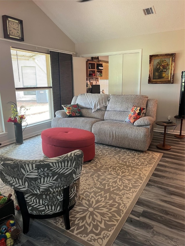 living room featuring hardwood / wood-style flooring, a textured ceiling, and lofted ceiling