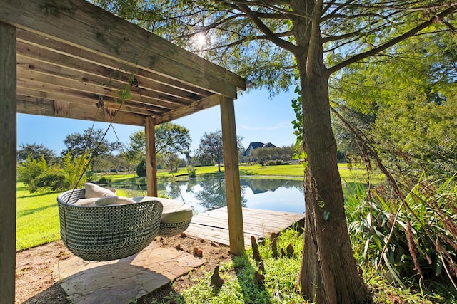 exterior space with a water view