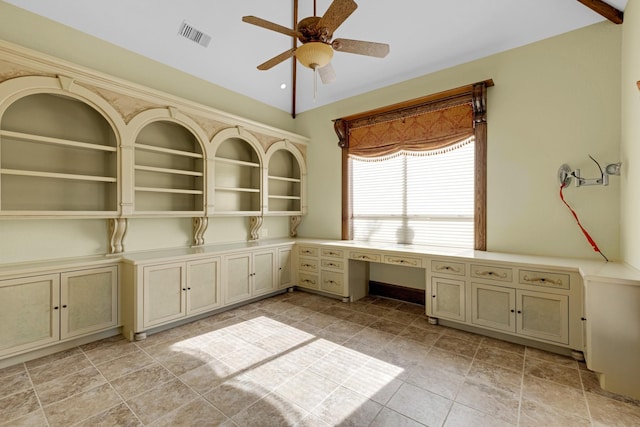 4 Steven Luke Ln, Friendswood, TX 77546 - unfurnished office featuring ceiling fan, built in desk, and lofted ceiling