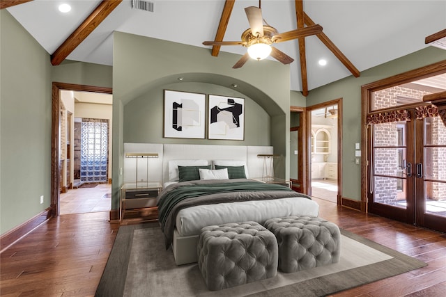 bedroom featuring access to outside, french doors, wood-type flooring, beamed ceiling, and ceiling fan