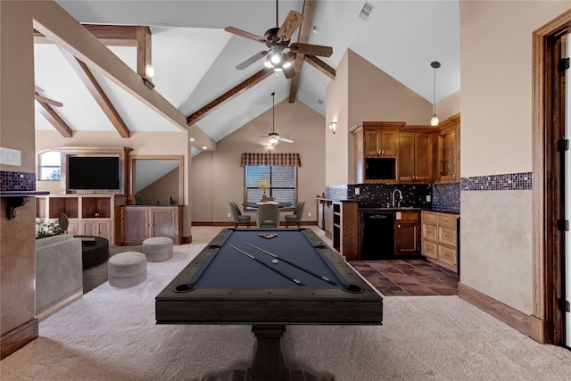 playroom featuring high vaulted ceiling, sink, billiards, and beam ceiling