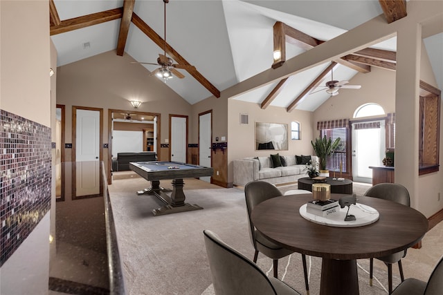 game room with high vaulted ceiling, billiards, carpet, ceiling fan, and beam ceiling