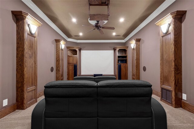 4 Steven Luke Ln, Friendswood, TX 77546 - carpeted cinema featuring ceiling fan, decorative columns, baseboards, recessed lighting, and crown molding