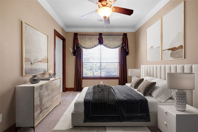 bedroom featuring light colored carpet, ceiling fan, and crown molding