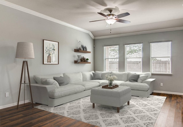 living room with ceiling fan, dark hardwood / wood-style floors, ornamental molding, and lofted ceiling