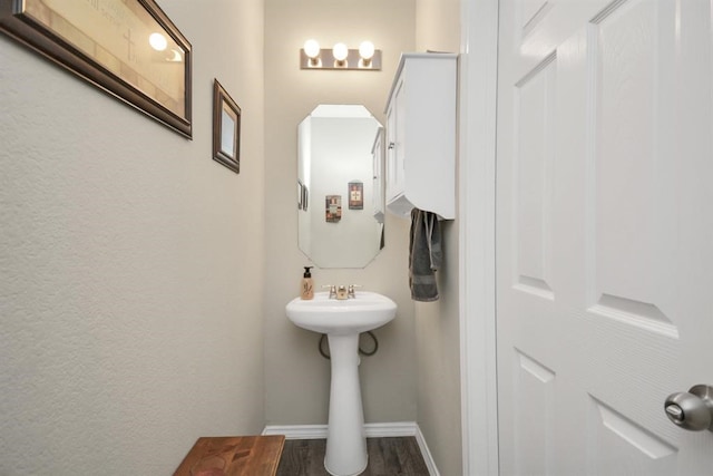 bathroom with hardwood / wood-style floors