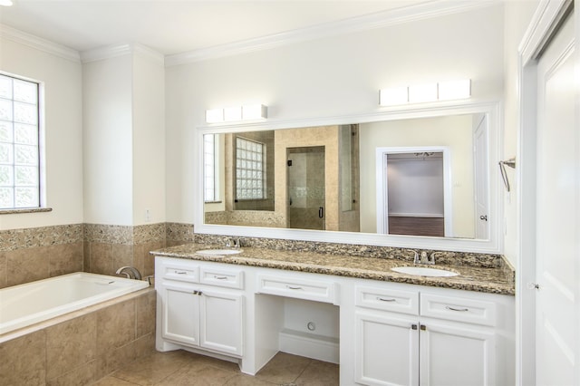 bathroom featuring separate shower and tub, tile patterned floors, vanity, and ornamental molding