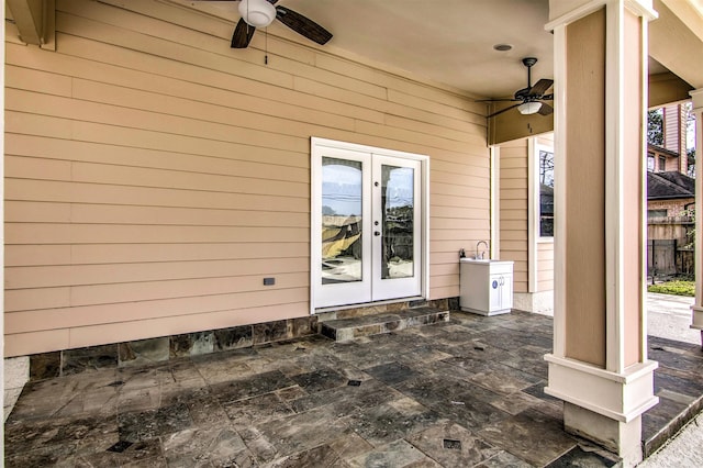 view of patio featuring french doors and ceiling fan