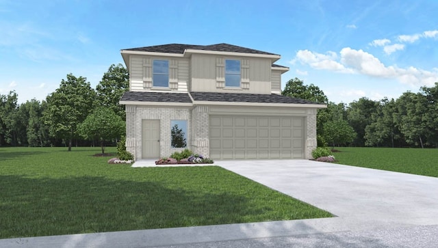 view of front of property featuring a garage and a front lawn