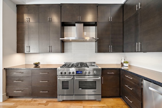 kitchen with wall chimney range hood, backsplash, dark brown cabinets, and appliances with stainless steel finishes