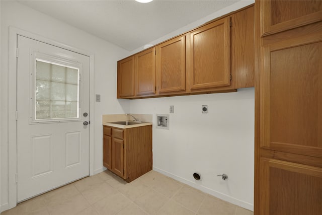 washroom featuring washer hookup, hookup for a gas dryer, cabinets, sink, and electric dryer hookup