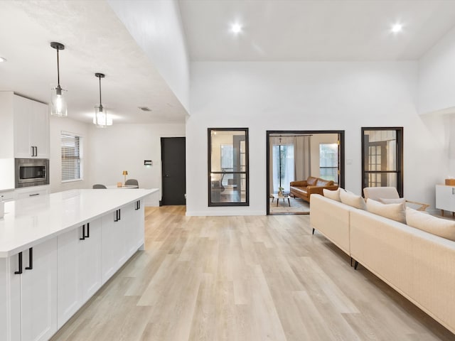 living room featuring a high ceiling and light hardwood / wood-style floors