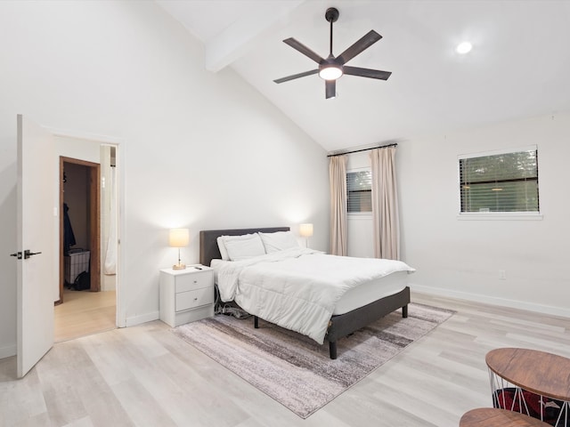 bedroom with high vaulted ceiling, light hardwood / wood-style flooring, beamed ceiling, and ceiling fan