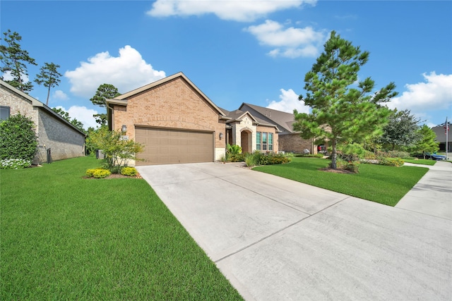 view of front of home with a garage and a front lawn