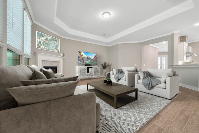 living room with crown molding, light hardwood / wood-style floors, sink, and a raised ceiling