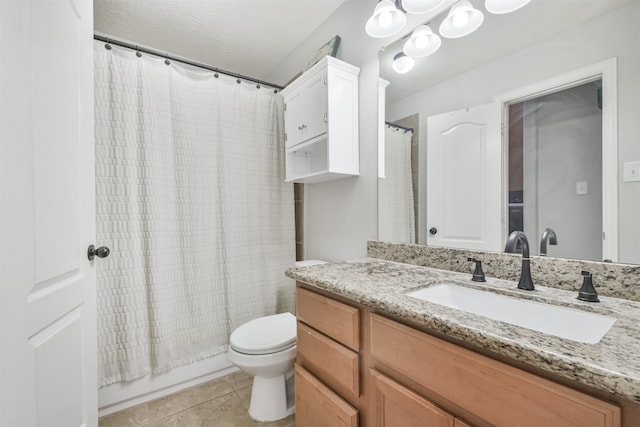 full bathroom with toilet, tile patterned floors, a textured ceiling, vanity, and shower / bathtub combination with curtain