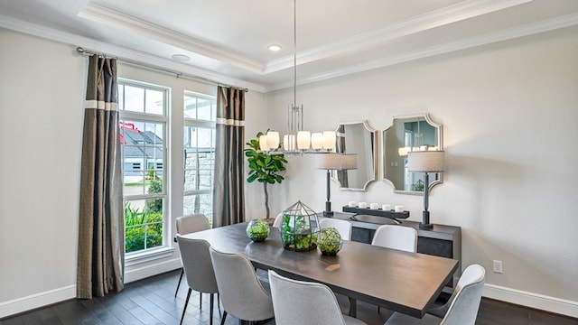 dining space featuring dark wood-style floors, a tray ceiling, crown molding, and baseboards