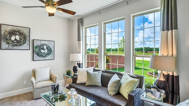 living area with a ceiling fan, baseboards, a healthy amount of sunlight, and carpet flooring