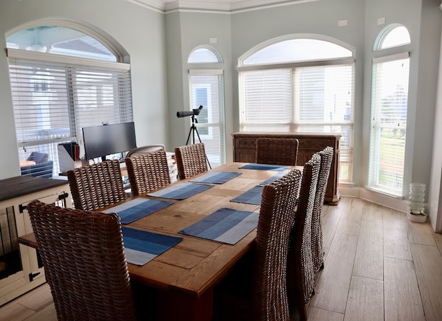 dining area with ornamental molding, light wood-type flooring, and a wealth of natural light