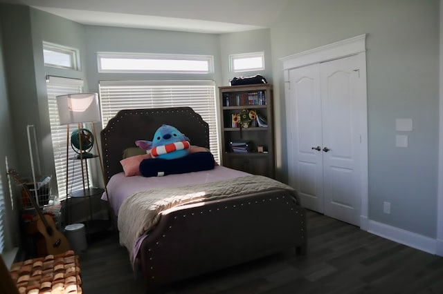 bedroom with dark hardwood / wood-style flooring, a closet, and multiple windows