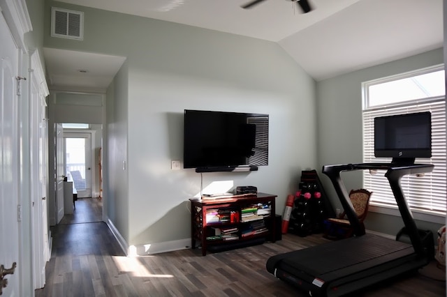 workout room with ceiling fan, a wealth of natural light, dark hardwood / wood-style floors, and lofted ceiling