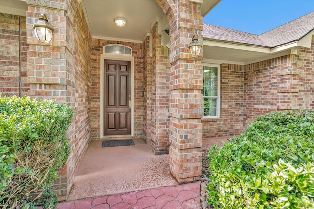 doorway to property featuring a shingled roof and brick siding